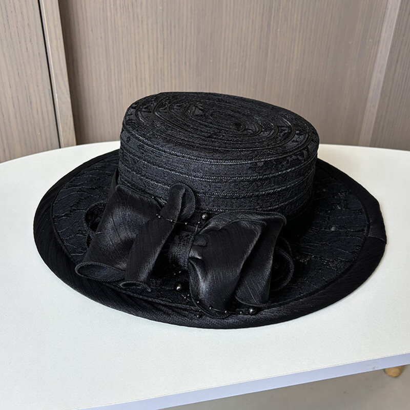 2024 Novi Ladies Fascinators Millinery Crkveni šešir Elegantna čipkana mrežasta mašna Široki obodi Šeširi ravnog vrha Fedora ženske ljetne kape za sunčanje
