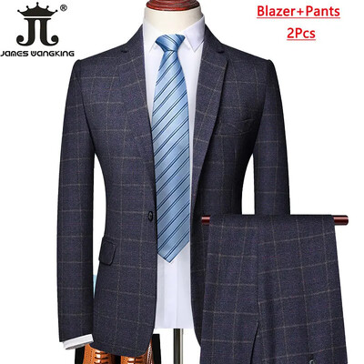 Blejzer prsluk Hlače Boutique Karirano Muško Svečano mladoženja Vjenčanica Usko odijelo 3 kom ili 2 kom Muško ležerno poslovno odijelo Smoking