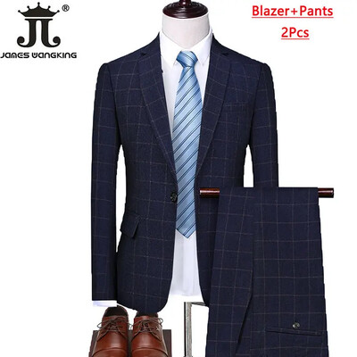 Blejzer prsluk Hlače Boutique Karirano Muško Svečano mladoženja Vjenčanica Usko odijelo 3 kom ili 2 kom Muško ležerno poslovno odijelo Smoking