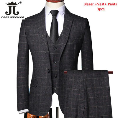 Blejzer prsluk Hlače Boutique Karirano Muško Svečano mladoženja Vjenčanica Usko odijelo 3 kom ili 2 kom Muško ležerno poslovno odijelo Smoking