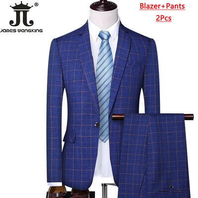 Blejzer prsluk Hlače Boutique Karirano Muško Svečano mladoženja Vjenčanica Usko odijelo 3 kom ili 2 kom Muško ležerno poslovno odijelo Smoking