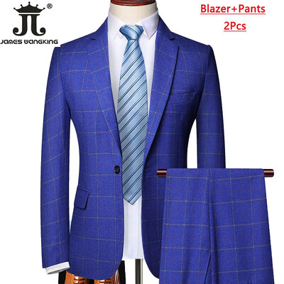 Blejzer prsluk Hlače Boutique Karirano Muško Svečano mladoženja Vjenčanica Usko odijelo 3 kom ili 2 kom Muško ležerno poslovno odijelo Smoking
