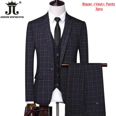 Blejzer prsluk Hlače Boutique Karirano Muško Svečano mladoženja Vjenčanica Usko odijelo 3 kom ili 2 kom Muško ležerno poslovno odijelo Smoking