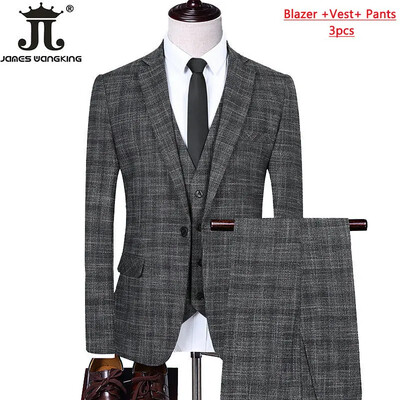 Blejzer prsluk Hlače Boutique Karirano Muško Svečano mladoženja Vjenčanica Usko odijelo 3 kom ili 2 kom Muško ležerno poslovno odijelo Smoking