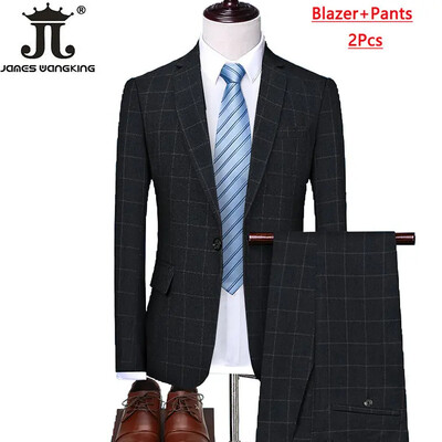 Blejzer prsluk Hlače Boutique Karirano Muško Svečano mladoženja Vjenčanica Usko odijelo 3 kom ili 2 kom Muško ležerno poslovno odijelo Smoking