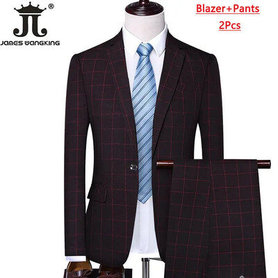 Blejzer prsluk Hlače Boutique Karirano Muško Svečano mladoženja Vjenčanica Usko odijelo 3 kom ili 2 kom Muško ležerno poslovno odijelo Smoking