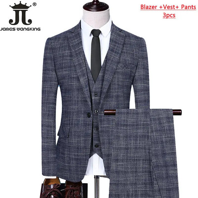 Blejzer prsluk Hlače Boutique Karirano Muško Svečano mladoženja Vjenčanica Usko odijelo 3 kom ili 2 kom Muško ležerno poslovno odijelo Smoking