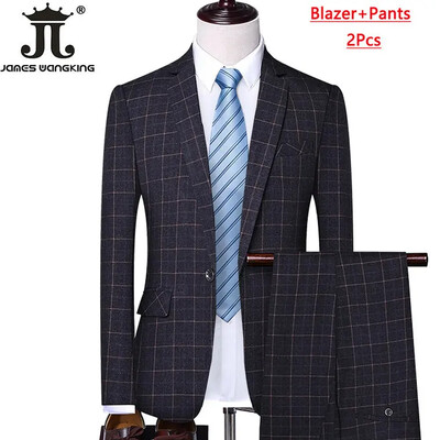 Blejzer prsluk Hlače Boutique Karirano Muško Svečano mladoženja Vjenčanica Usko odijelo 3 kom ili 2 kom Muško ležerno poslovno odijelo Smoking