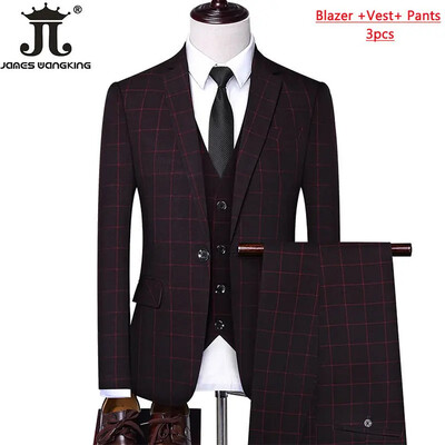 Blejzer prsluk Hlače Boutique Karirano Muško Svečano mladoženja Vjenčanica Usko odijelo 3 kom ili 2 kom Muško ležerno poslovno odijelo Smoking
