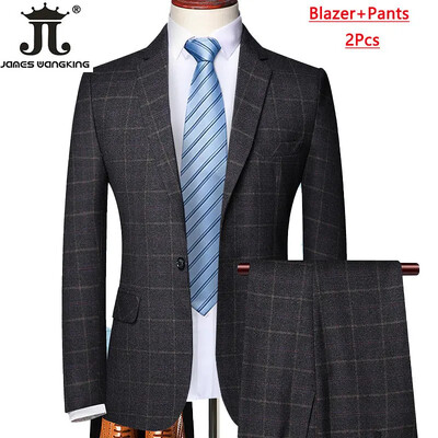 Blejzer prsluk Hlače Boutique Karirano Muško Svečano mladoženja Vjenčanica Usko odijelo 3 kom ili 2 kom Muško ležerno poslovno odijelo Smoking
