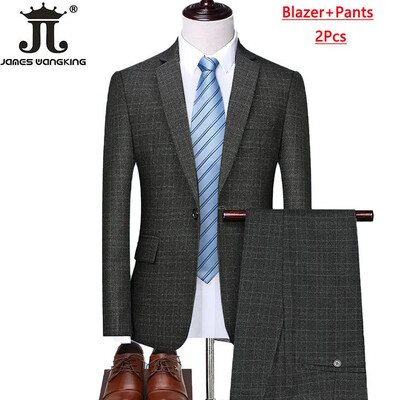 Blejzer prsluk Hlače Boutique Karirano Muško Svečano mladoženja Vjenčanica Usko odijelo 3 kom ili 2 kom Muško ležerno poslovno odijelo Smoking