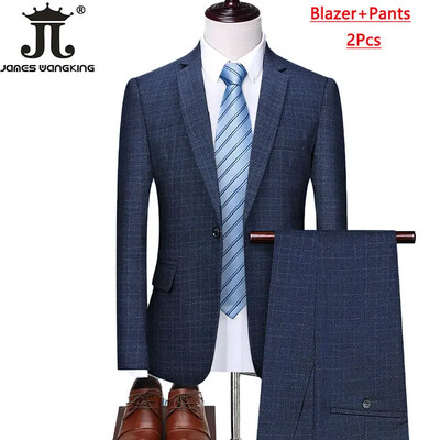 Blejzer prsluk Hlače Boutique Karirano Muško Svečano mladoženja Vjenčanica Usko odijelo 3 kom ili 2 kom Muško ležerno poslovno odijelo Smoking