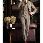 Costume bărbați în carouri 3 piese pentru nuntă 2024 Mire Lungime obișnuită cu un singur pieptar cu rever, jachetă, pantaloni, vestă, costum blazer formal