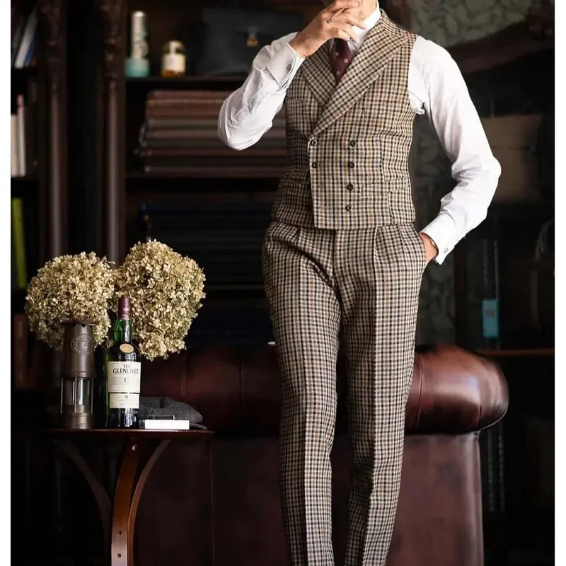 Costume bărbați în carouri 3 piese pentru nuntă 2024 Mire Lungime obișnuită cu un singur pieptar cu rever, jachetă, pantaloni, vestă, costum blazer formal