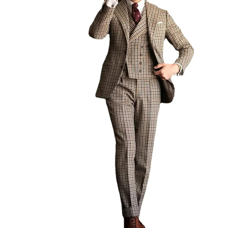 Costume bărbați în carouri 3 piese pentru nuntă 2024 Mire Lungime obișnuită cu un singur pieptar cu rever, jachetă, pantaloni, vestă, costum blazer formal