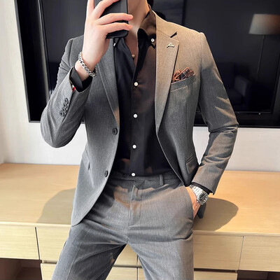 (Σακάκι + παντελόνι) High End Brand Boutique Μονόχρωμο Ανδρικό επαγγελματικό κοστούμι γραφείου Γαμπρός Νυφικό Παντελόνι Blazer Party