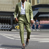 Costume pentru bărbați din in verde Seturi de blaze africane cu rever cu vârf la un singur piept, pentru nunta, pentru călătorie, de vară, jachetă 2 piese + pantalon 2025