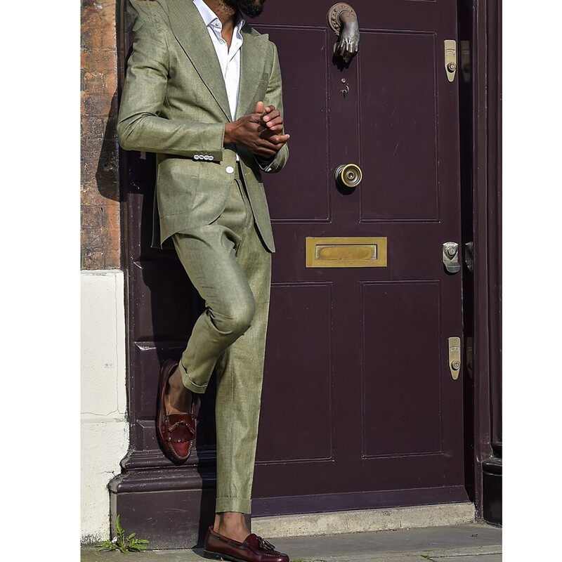 Costume pentru bărbați din in verde Seturi de blaze africane cu rever cu vârf la un singur piept, pentru nunta, pentru călătorie, de vară, jachetă 2 piese + pantalon 2025