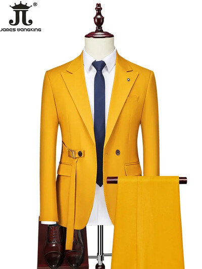 ( Jachetă + Pantaloni ) Boutique Fashion Culoare uni Rochie de mireasă cu piept dublu Costum de mire Set două piese Costum de afaceri casual pentru bărbați