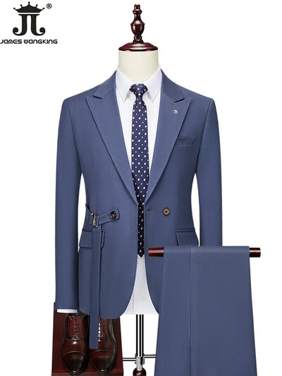 ( Jachetă + Pantaloni ) Boutique Fashion Culoare uni Rochie de mireasă cu piept dublu Costum de mire Set două piese Costum de afaceri casual pentru bărbați