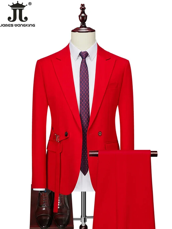 ( Jachetă + Pantaloni ) Boutique Fashion Culoare uni Rochie de mireasă cu piept dublu Costum de mire Set două piese Costum de afaceri casual pentru bărbați