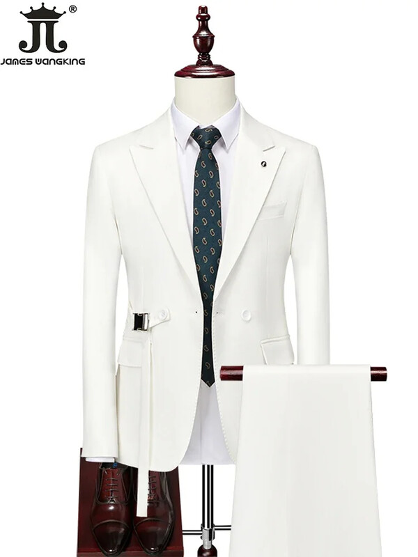 ( Jachetă + Pantaloni ) Boutique Fashion Culoare uni Rochie de mireasă cu piept dublu Costum de mire Set două piese Costum de afaceri casual pentru bărbați