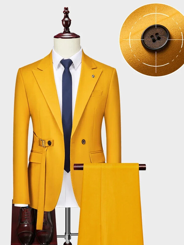 ( Jachetă + Pantaloni ) Boutique Fashion Culoare uni Rochie de mireasă cu piept dublu Costum de mire Set două piese Costum de afaceri casual pentru bărbați