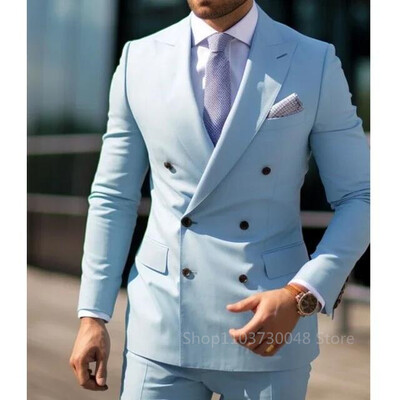 Set de costume pentru bărbați, 2 bucăți solide, la modă, pentru bărbați, formale, de afaceri/nunte, pentru mire, cu rever, pantaloni, blazer dublu