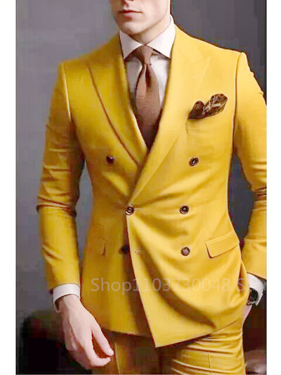 Set de costume pentru bărbați, 2 bucăți solide, la modă, pentru bărbați, formale, de afaceri/nunte, pentru mire, cu rever, pantaloni, blazer dublu