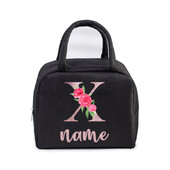 Inițială personalizată cu nume Geantă de prânz izolată pentru femei, bărbați, copii, husă frigorifică, geantă termică, geantă portabilă de prânz, cu scrisori, cu flori