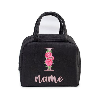 Inițială personalizată cu nume Geantă de prânz izolată pentru femei, bărbați, copii, husă frigorifică, geantă termică, geantă portabilă de prânz, cu scrisori, cu flori
