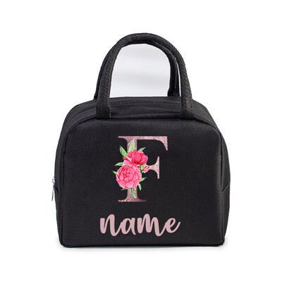 Inițială personalizată cu nume Geantă de prânz izolată pentru femei, bărbați, copii, husă frigorifică, geantă termică, geantă portabilă de prânz, cu scrisori, cu flori