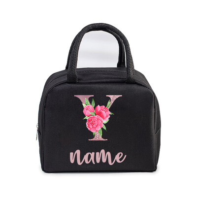 Inițială personalizată cu nume Geantă de prânz izolată pentru femei, bărbați, copii, husă frigorifică, geantă termică, geantă portabilă de prânz, cu scrisori, cu flori