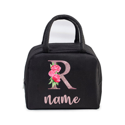 Inițială personalizată cu nume Geantă de prânz izolată pentru femei, bărbați, copii, husă frigorifică, geantă termică, geantă portabilă de prânz, cu scrisori, cu flori
