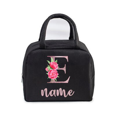 Inițială personalizată cu nume Geantă de prânz izolată pentru femei, bărbați, copii, husă frigorifică, geantă termică, geantă portabilă de prânz, cu scrisori, cu flori