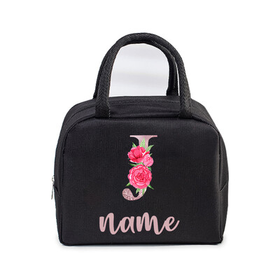 Inițială personalizată cu nume Geantă de prânz izolată pentru femei, bărbați, copii, husă frigorifică, geantă termică, geantă portabilă de prânz, cu scrisori, cu flori