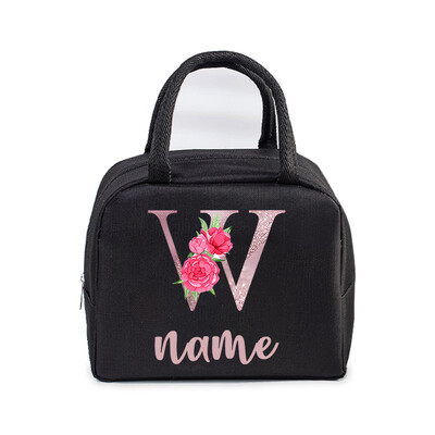 Inițială personalizată cu nume Geantă de prânz izolată pentru femei, bărbați, copii, husă frigorifică, geantă termică, geantă portabilă de prânz, cu scrisori, cu flori
