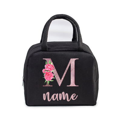 Inițială personalizată cu nume Geantă de prânz izolată pentru femei, bărbați, copii, husă frigorifică, geantă termică, geantă portabilă de prânz, cu scrisori, cu flori