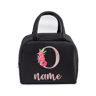 Inițială personalizată cu nume Geantă de prânz izolată pentru femei, bărbați, copii, husă frigorifică, geantă termică, geantă portabilă de prânz, cu scrisori, cu flori