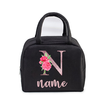 Inițială personalizată cu nume Geantă de prânz izolată pentru femei, bărbați, copii, husă frigorifică, geantă termică, geantă portabilă de prânz, cu scrisori, cu flori