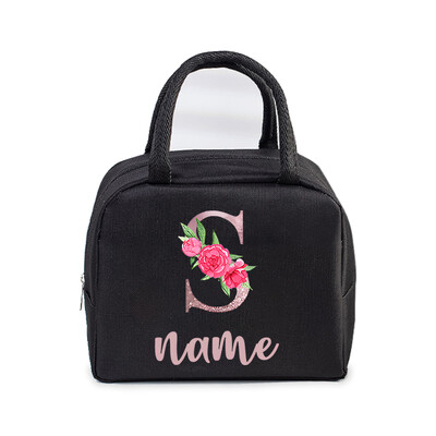 Inițială personalizată cu nume Geantă de prânz izolată pentru femei, bărbați, copii, husă frigorifică, geantă termică, geantă portabilă de prânz, cu scrisori, cu flori
