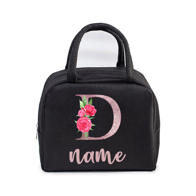 Inițială personalizată cu nume Geantă de prânz izolată pentru femei, bărbați, copii, husă frigorifică, geantă termică, geantă portabilă de prânz, cu scrisori, cu flori