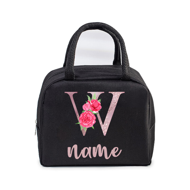 Inițială personalizată cu nume Geantă de prânz izolată pentru femei, bărbați, copii, husă frigorifică, geantă termică, geantă portabilă de prânz, cu scrisori, cu flori