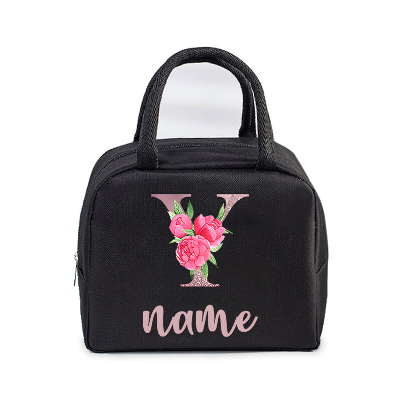 Inițială personalizată cu nume Geantă de prânz izolată pentru femei, bărbați, copii, husă frigorifică, geantă termică, geantă portabilă de prânz, cu scrisori, cu flori