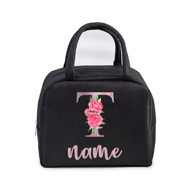 Inițială personalizată cu nume Geantă de prânz izolată pentru femei, bărbați, copii, husă frigorifică, geantă termică, geantă portabilă de prânz, cu scrisori, cu flori