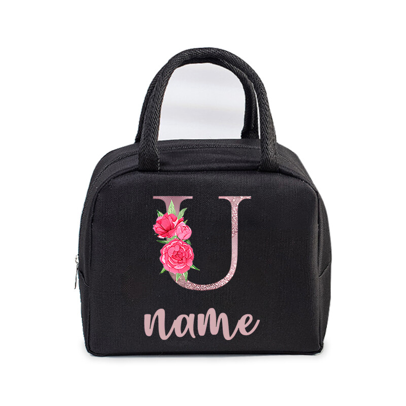 Inițială personalizată cu nume Geantă de prânz izolată pentru femei, bărbați, copii, husă frigorifică, geantă termică, geantă portabilă de prânz, cu scrisori, cu flori