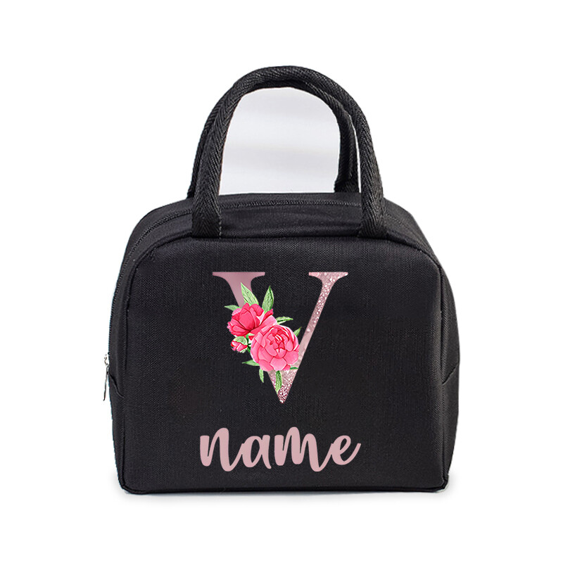 Inițială personalizată cu nume Geantă de prânz izolată pentru femei, bărbați, copii, husă frigorifică, geantă termică, geantă portabilă de prânz, cu scrisori, cu flori