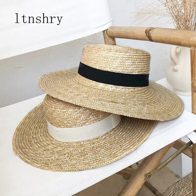 Új női természetes búza szalmakalap szalag nyakkendő 9 cm karimájú csónakos kalap Derby Beach napozósapka Lady nyári széles karimájú védősapkák