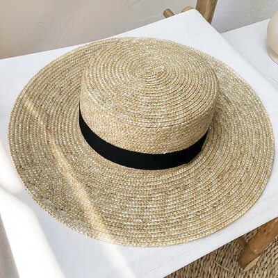 Jaunas sieviešu dabīgas kviešu salmu cepures lentes kaklasaite 9 cm malām laivotāja cepure Derby Beach sauļošanās cepures cepures dāmu vasaras platām malām aizsargājošās cepures