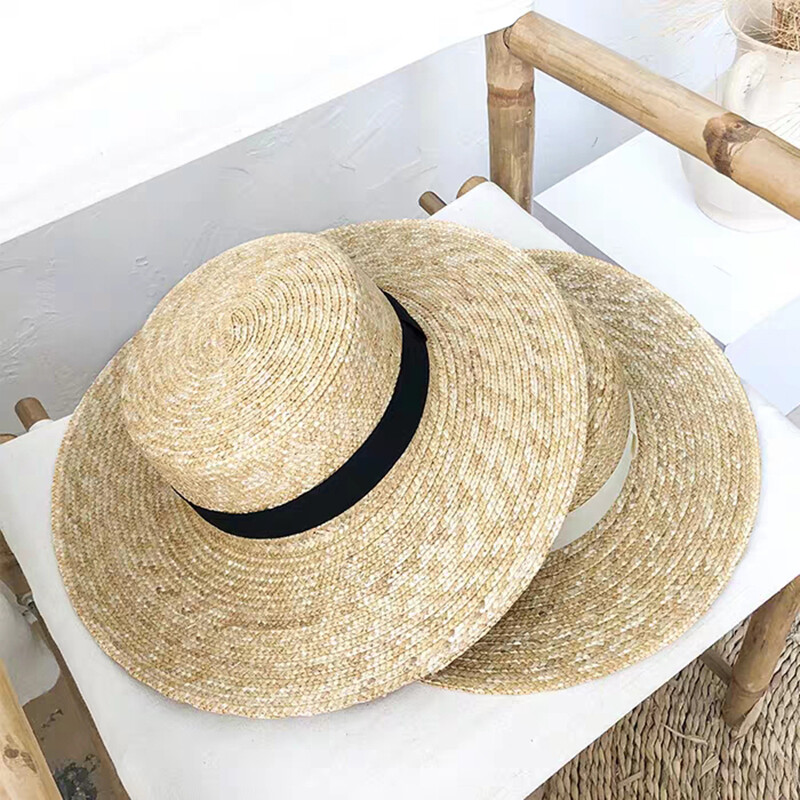 Jaunas sieviešu dabīgas kviešu salmu cepures lentes kaklasaite 9 cm malām laivotāja cepure Derby Beach sauļošanās cepures cepures dāmu vasaras platām malām aizsargājošās cepures